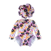 Bagilaanoe Newborn Baby Girl One-Piece Swimsuit Print Long Sleeve Zipper Rashguard Swimwear + Sun Hat 3M 6M 12M 18M 24M Infant Summer Bathing Suit